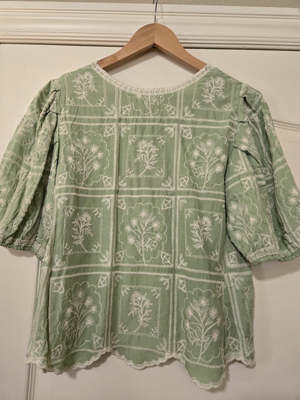 Solitaire Mint Green Embroidered Puff Sleeve Blouse Feminine Layering - Picture 5 of 8